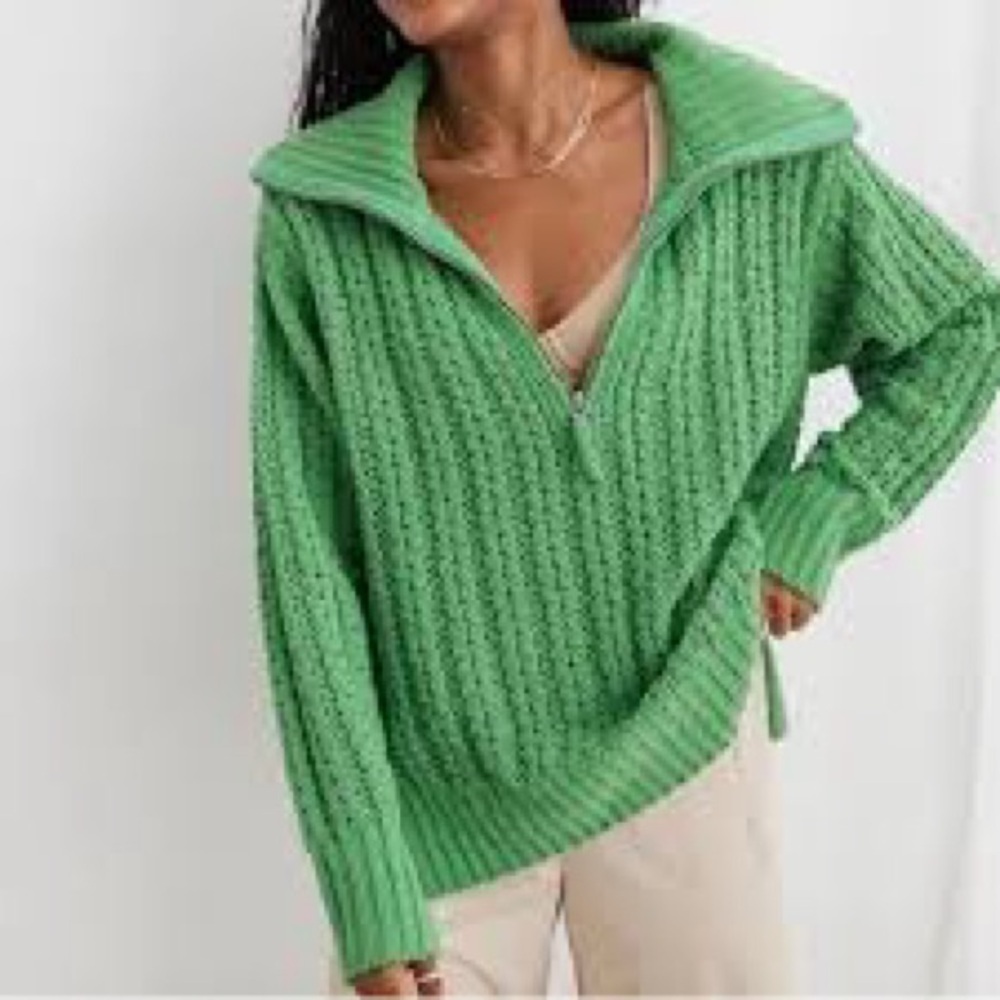 Aerie‎ Cable Car Quarter Zip Sweater in Green